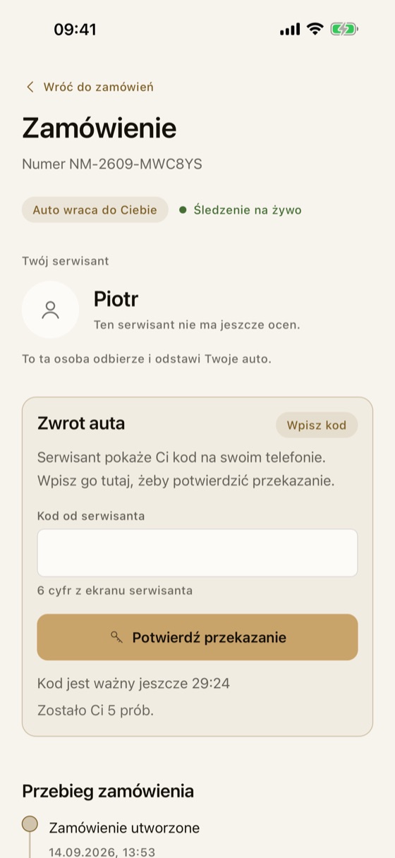 Zamówienie w trakcie realizacji z etapami i kodem przekazania pojazdu
