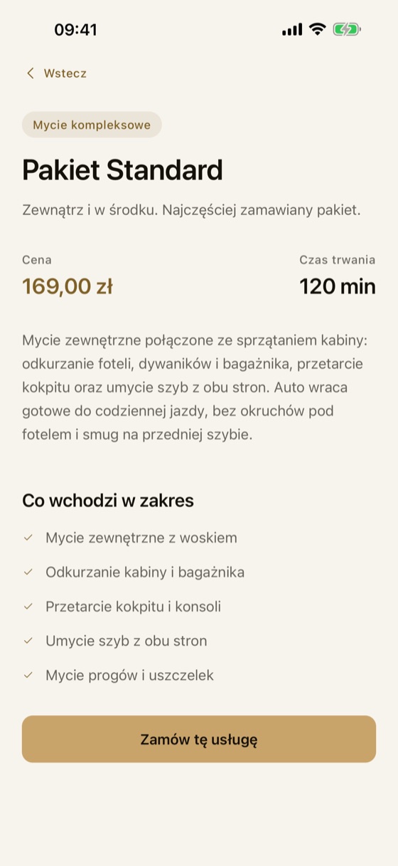 Ekran usługi Pakiet Standard: cena 169 zł, czas 120 minut, zakres i przycisk Zamów tę usługę