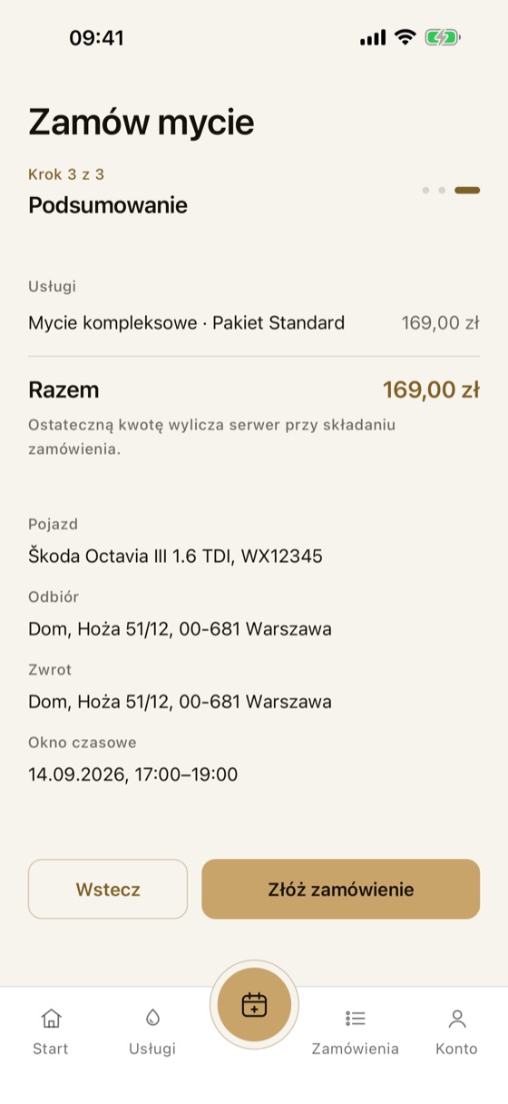 Podsumowanie zamówienia: Pakiet Standard 169 zł, pojazd, adres odbioru i zwrotu, okno czasowe, przycisk Złóż zamówienie